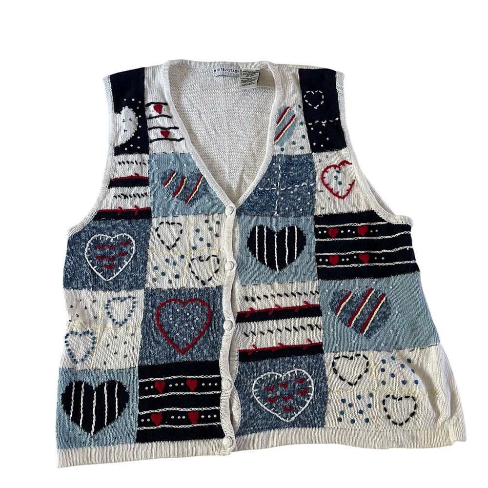 NWT Vtg Y2K 2000s Heart Embroidered Beaded Knit Sweater Vest Sz XL Cottagecore